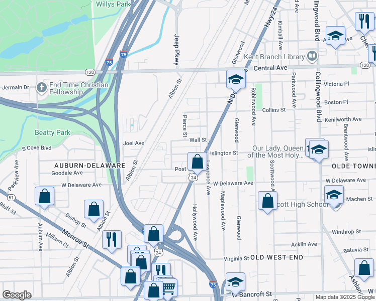 map of restaurants, bars, coffee shops, grocery stores, and more near 944 Islington Street in Toledo