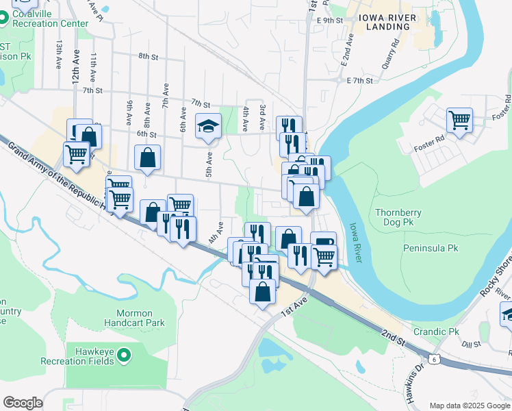 map of restaurants, bars, coffee shops, grocery stores, and more near 406 3rd Avenue in Coralville