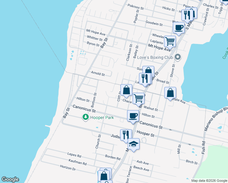 map of restaurants, bars, coffee shops, grocery stores, and more near 34 Methuen Street in Tiverton