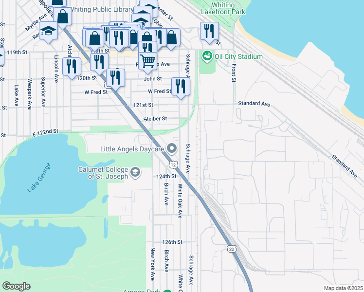 map of restaurants, bars, coffee shops, grocery stores, and more near 2254 White Oak Avenue in Whiting