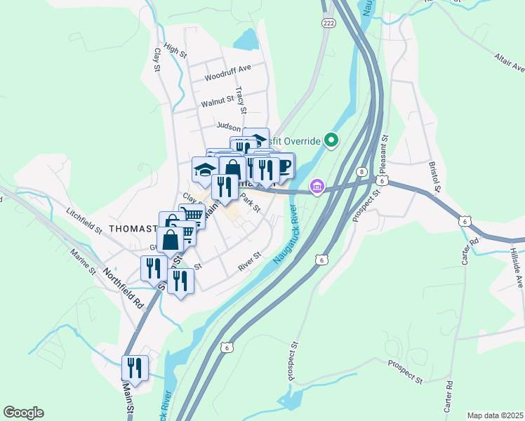 map of restaurants, bars, coffee shops, grocery stores, and more near 211 Elm Street in Thomaston