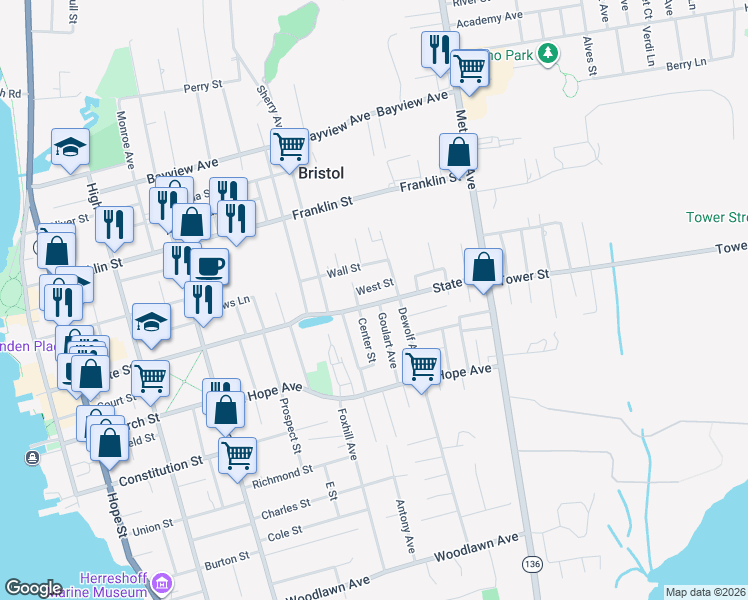map of restaurants, bars, coffee shops, grocery stores, and more near 300 State Street in Bristol