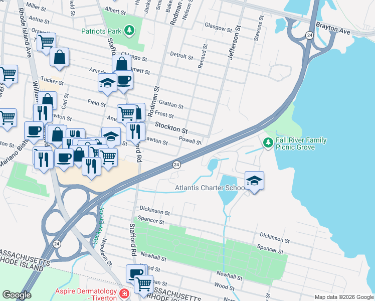 map of restaurants, bars, coffee shops, grocery stores, and more near 701 Lawton St in Fall River