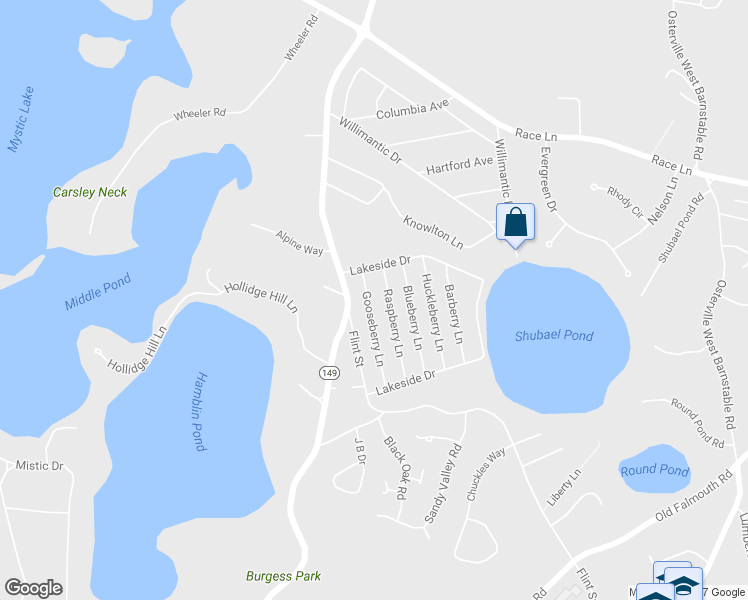 map of restaurants, bars, coffee shops, grocery stores, and more near 102 Gooseberry Lane in Barnstable