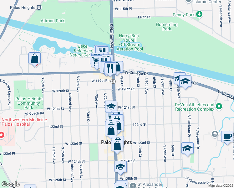 map of restaurants, bars, coffee shops, grocery stores, and more near 12001 South Harlem Avenue in Palos Heights