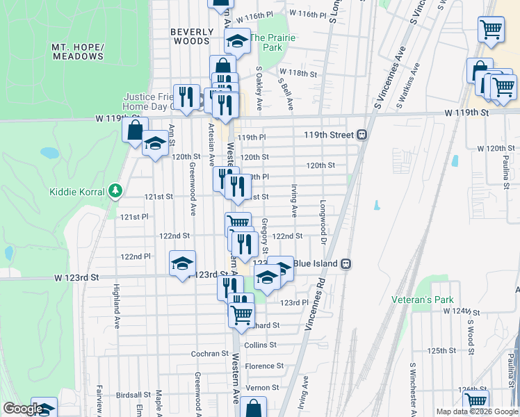 map of restaurants, bars, coffee shops, grocery stores, and more near 12118 Gregory Street in Blue Island