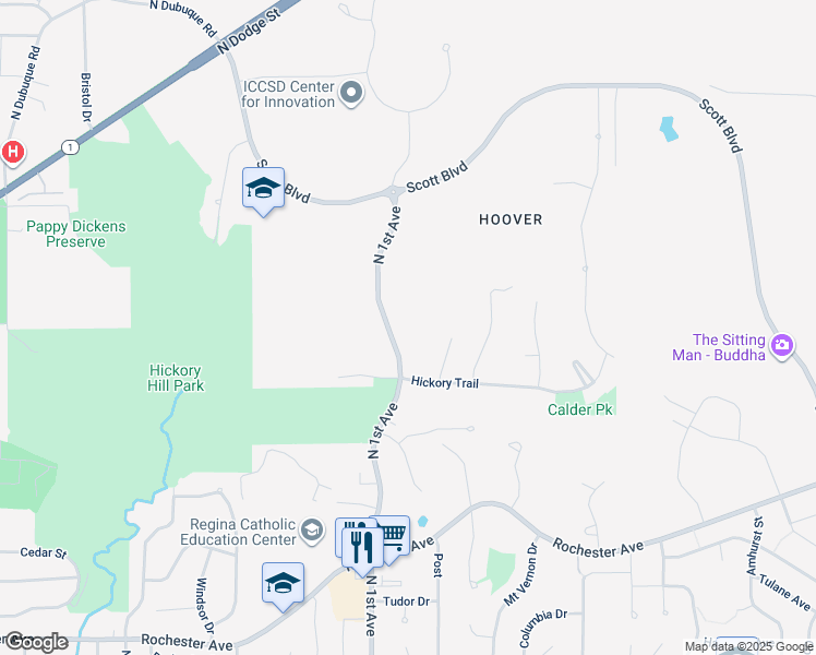map of restaurants, bars, coffee shops, grocery stores, and more near 872 North 1st Avenue in Iowa City
