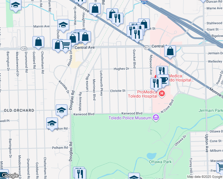 map of restaurants, bars, coffee shops, grocery stores, and more near 2704 Sherbrooke Road in Toledo