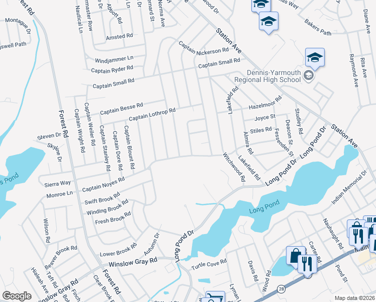 map of restaurants, bars, coffee shops, grocery stores, and more near 5 General Lawrence Road in Yarmouth