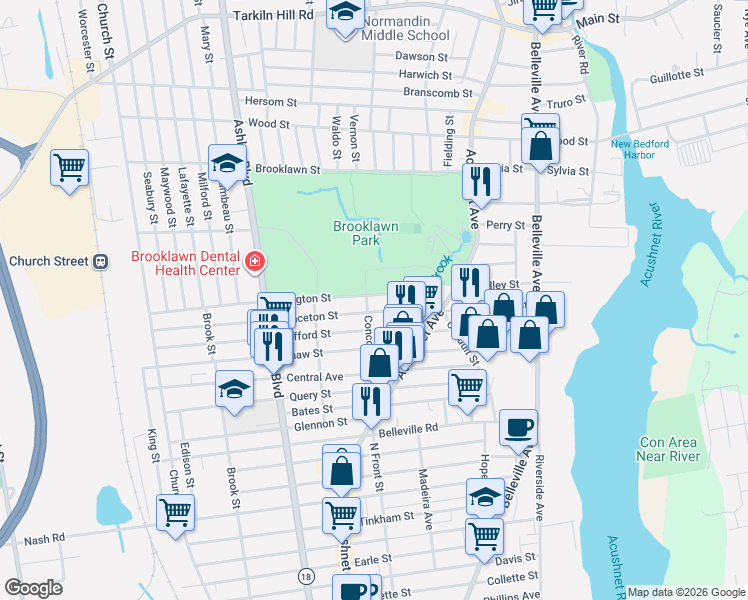 map of restaurants, bars, coffee shops, grocery stores, and more near 70-72 Irvington Street in New Bedford