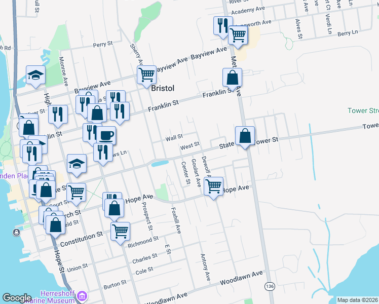 map of restaurants, bars, coffee shops, grocery stores, and more near 300 State Street in Bristol