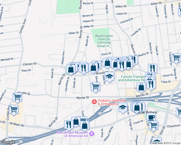 map of restaurants, bars, coffee shops, grocery stores, and more near 223 Broad Street in New Britain