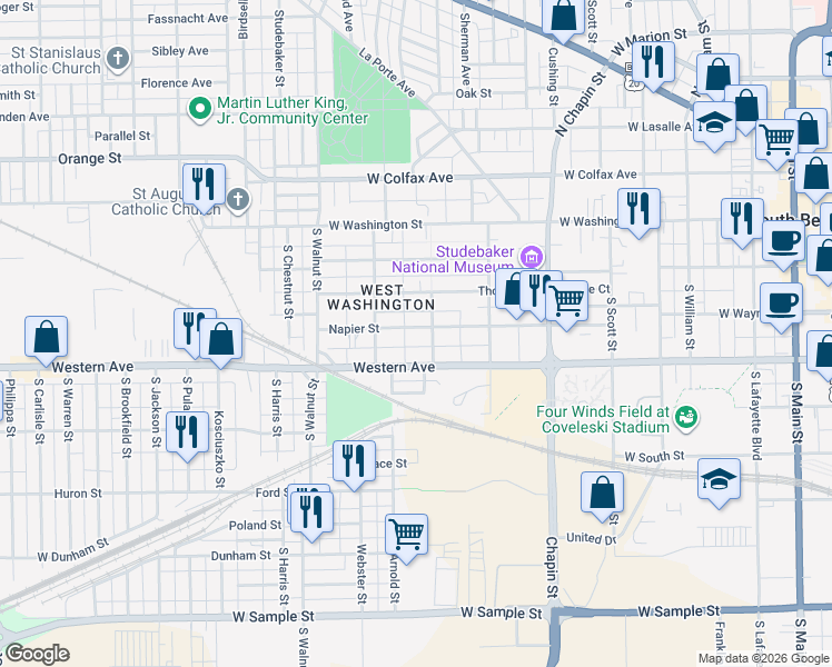 map of restaurants, bars, coffee shops, grocery stores, and more near 1112 Napier Street in South Bend