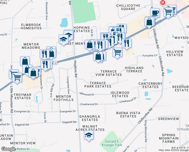 map of restaurants, bars, coffee shops, grocery stores, and more near 7309 Scottsdale Circle in Mentor