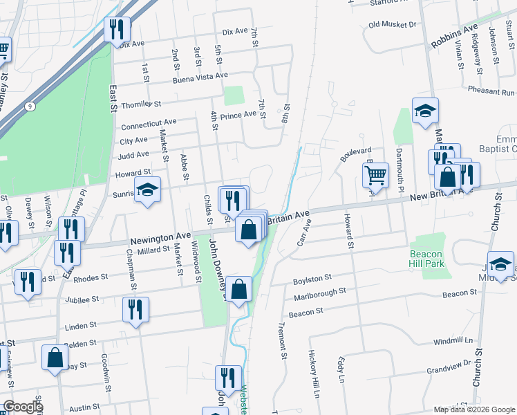 map of restaurants, bars, coffee shops, grocery stores, and more near 90 Sunrise Circle in Newington