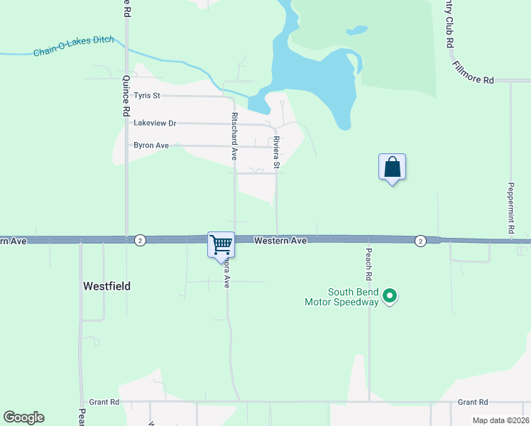 map of restaurants, bars, coffee shops, grocery stores, and more near 56331-56499 Riviera Street in South Bend