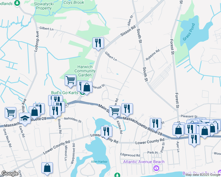 map of restaurants, bars, coffee shops, grocery stores, and more near 19 Harold Street in Harwich