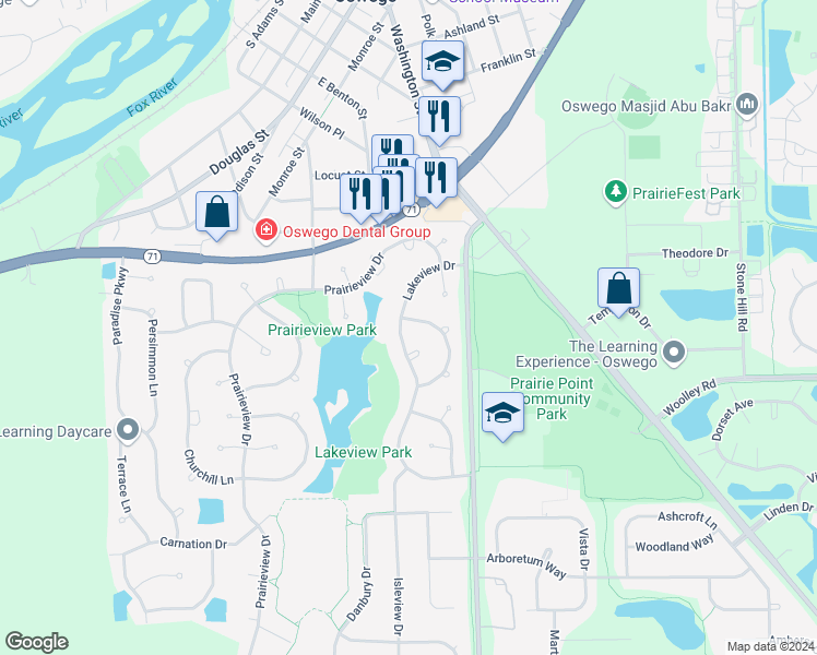 map of restaurants, bars, coffee shops, grocery stores, and more near 601 Briarwood Lane in Oswego
