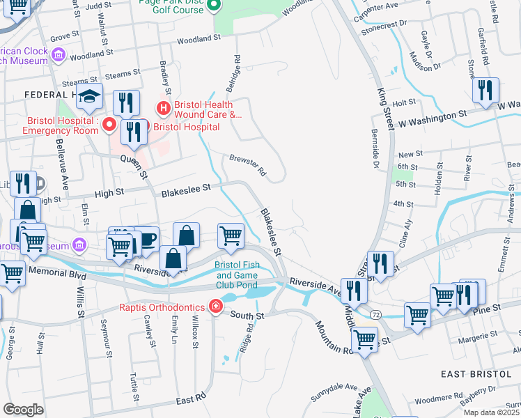 map of restaurants, bars, coffee shops, grocery stores, and more near 200 Blakeslee Street in Bristol