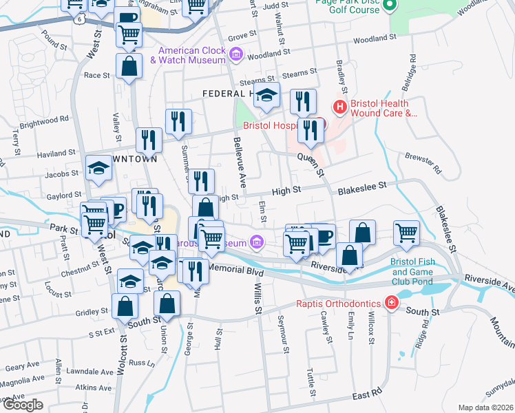 map of restaurants, bars, coffee shops, grocery stores, and more near 16 Elm Street in Bristol