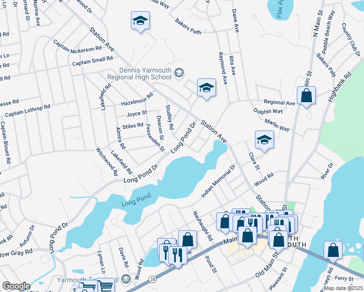 map of restaurants, bars, coffee shops, grocery stores, and more near 434 Long Pond Drive in Yarmouth