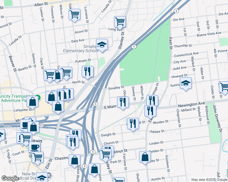 map of restaurants, bars, coffee shops, grocery stores, and more near 85 Smalley Street in New Britain