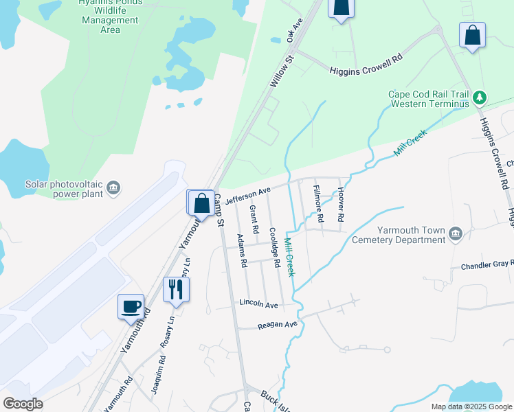 map of restaurants, bars, coffee shops, grocery stores, and more near 10 Grant Road in Yarmouth