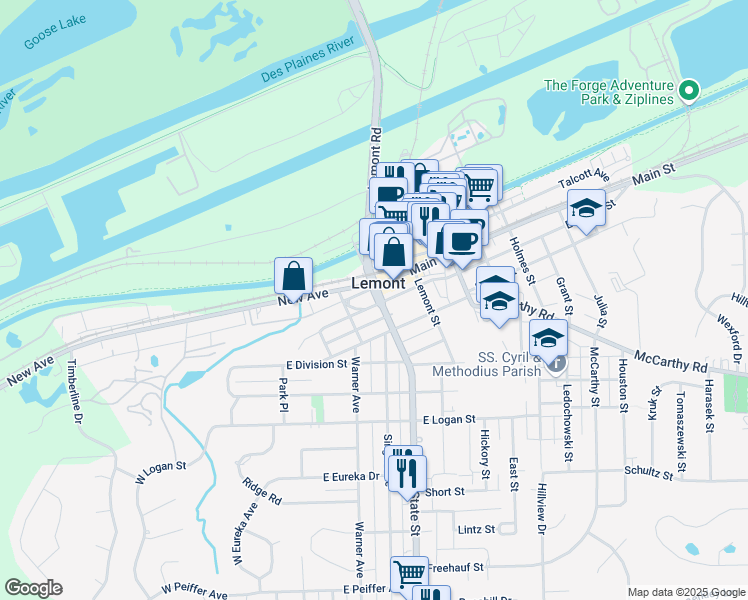 map of restaurants, bars, coffee shops, grocery stores, and more near 121 East Illinois Street in Lemont