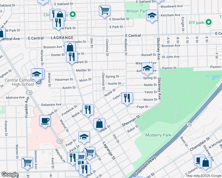 map of restaurants, bars, coffee shops, grocery stores, and more near 527 Palmer Street in Toledo