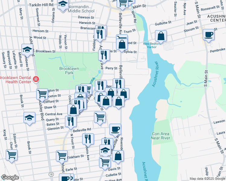 map of restaurants, bars, coffee shops, grocery stores, and more near 23 Covell Street in New Bedford