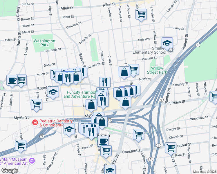 map of restaurants, bars, coffee shops, grocery stores, and more near 75 North Street in New Britain