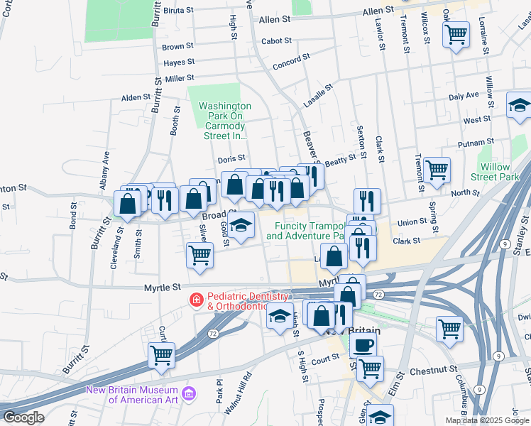 map of restaurants, bars, coffee shops, grocery stores, and more near 106 Broad Street in New Britain