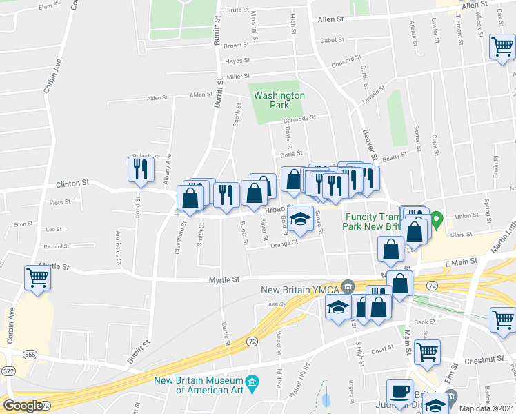 map of restaurants, bars, coffee shops, grocery stores, and more near 185 Broad Street in New Britain