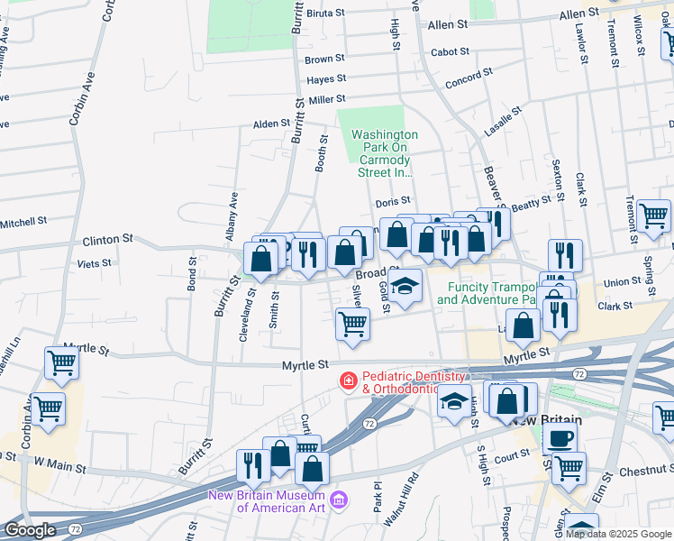 map of restaurants, bars, coffee shops, grocery stores, and more near 223 Broad Street in New Britain