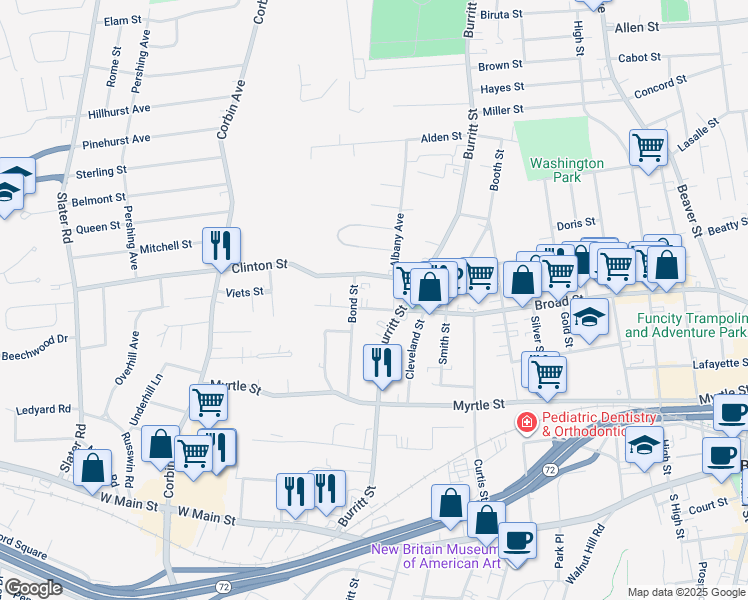 map of restaurants, bars, coffee shops, grocery stores, and more near 375 Broad Street in New Britain