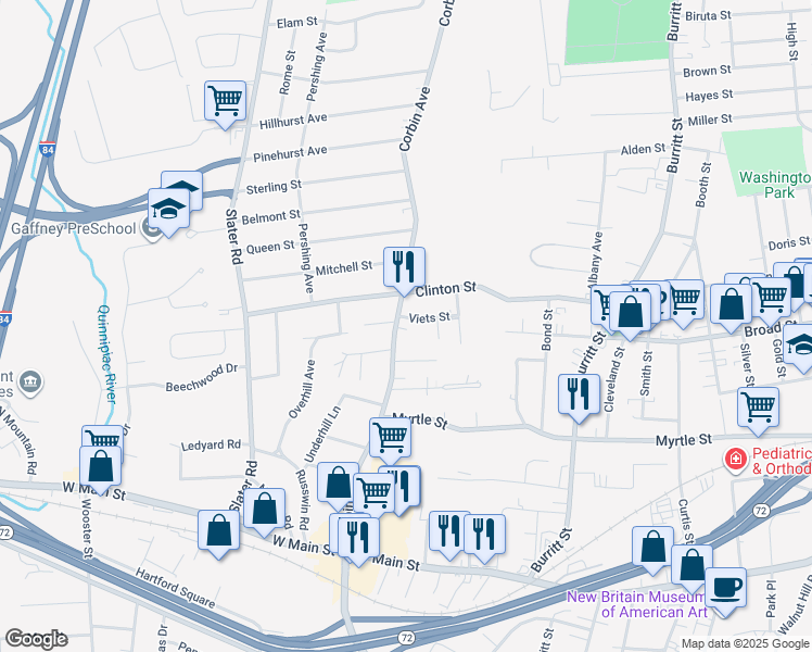 map of restaurants, bars, coffee shops, grocery stores, and more near 15 Viets Street in New Britain