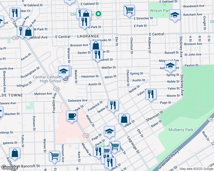 map of restaurants, bars, coffee shops, grocery stores, and more near 2622 Lagrange Street in Toledo