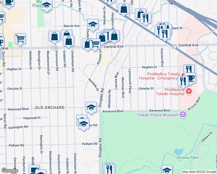 map of restaurants, bars, coffee shops, grocery stores, and more near 2650 Christie Street in Toledo