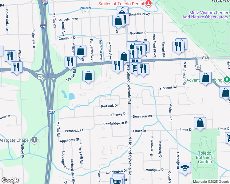 map of restaurants, bars, coffee shops, grocery stores, and more near 5966 Black Oak Drive in Toledo