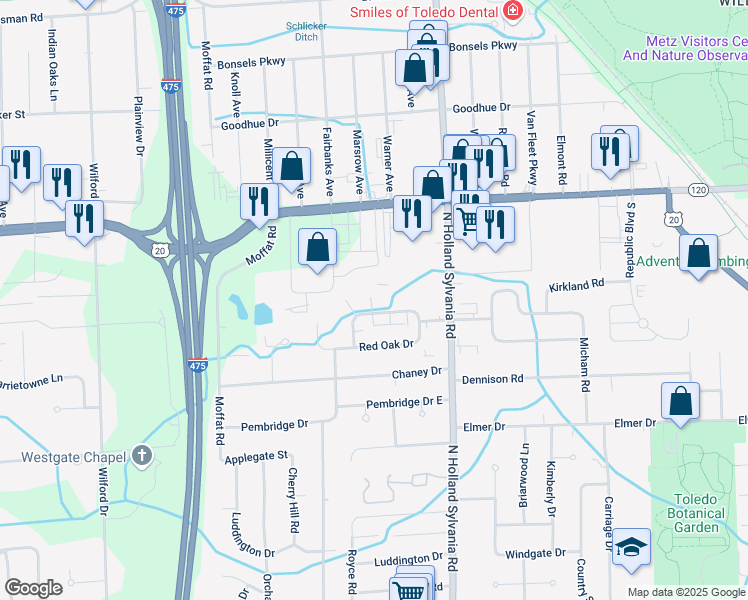 map of restaurants, bars, coffee shops, grocery stores, and more near 6048 Black Oak Drive in Toledo