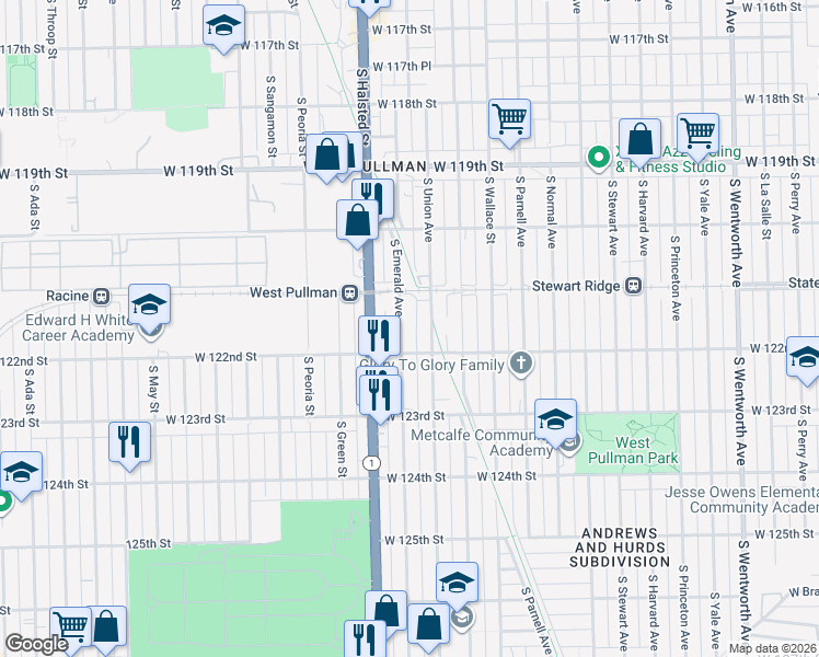 map of restaurants, bars, coffee shops, grocery stores, and more near 12140 South Emerald Avenue in Chicago