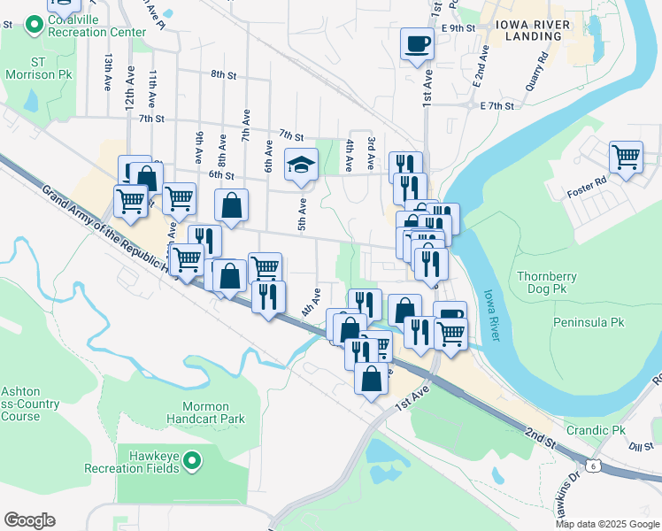 map of restaurants, bars, coffee shops, grocery stores, and more near 407 4th Avenue in Coralville