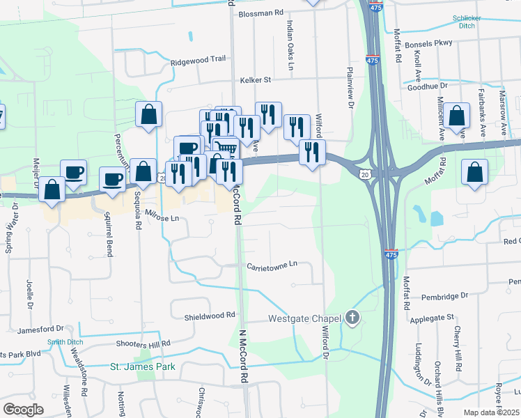 map of restaurants, bars, coffee shops, grocery stores, and more near 2920 North McCord Road in Toledo