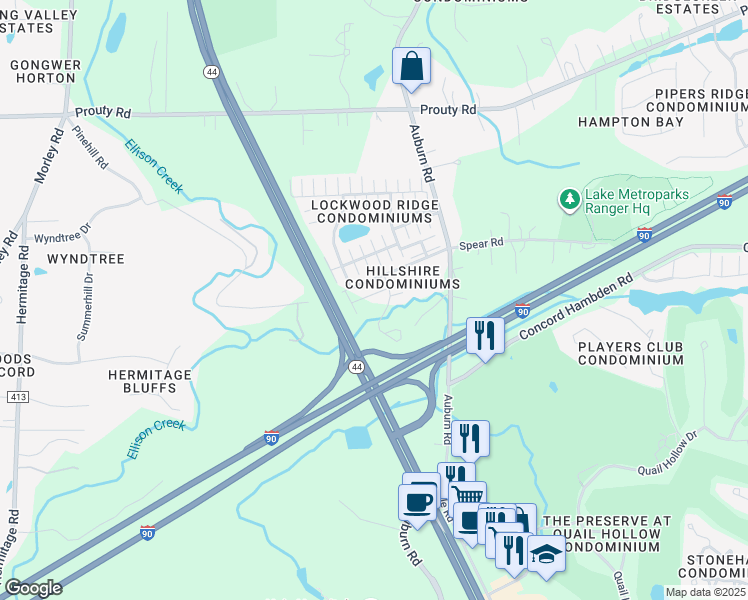 map of restaurants, bars, coffee shops, grocery stores, and more near 10930 Rocky Ledge Lane in Painesville