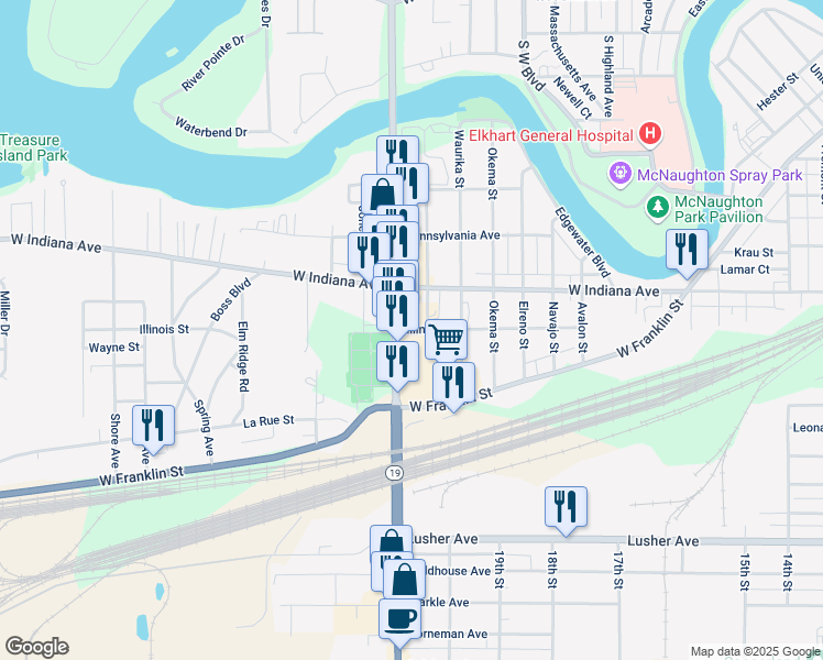map of restaurants, bars, coffee shops, grocery stores, and more near 1530 South Nappanee Street in Elkhart