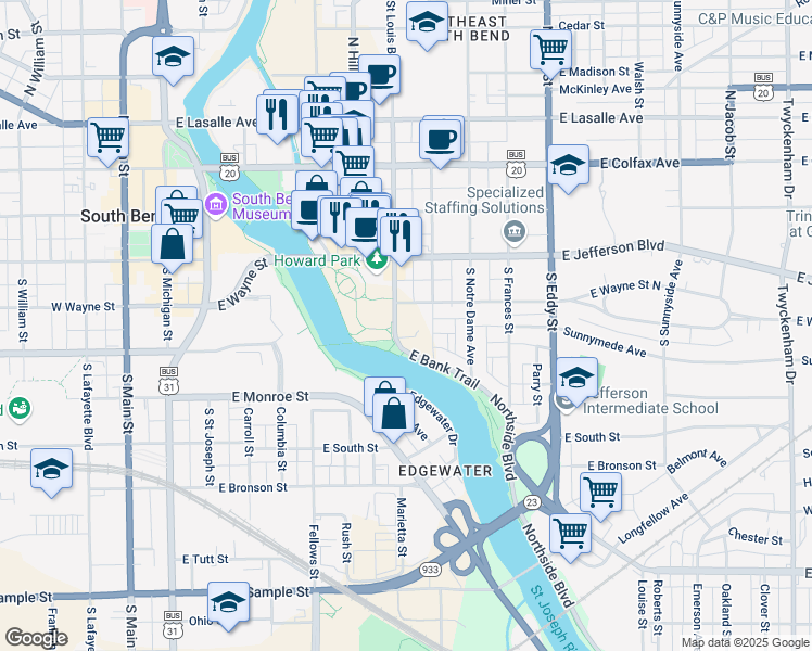 map of restaurants, bars, coffee shops, grocery stores, and more near 300 South Saint Louis Boulevard in South Bend