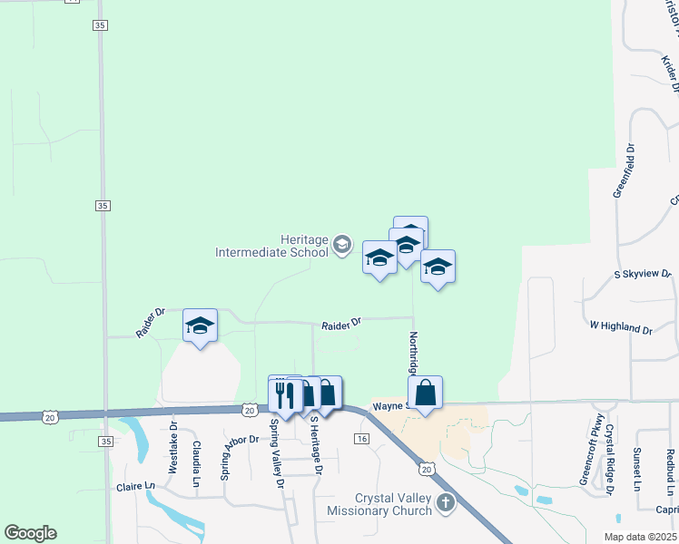 map of restaurants, bars, coffee shops, grocery stores, and more near 56647 Northridge Drive in Middlebury