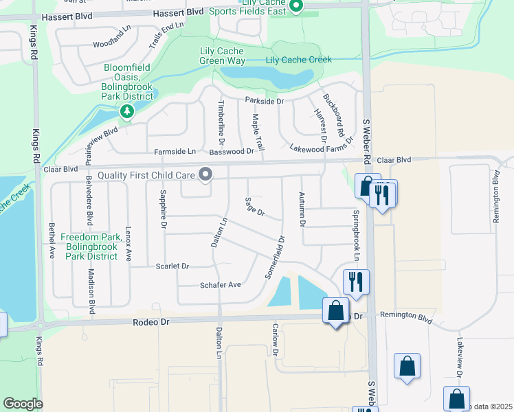map of restaurants, bars, coffee shops, grocery stores, and more near 1445 Sage Drive in Bolingbrook