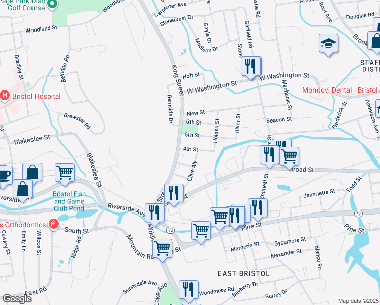 map of restaurants, bars, coffee shops, grocery stores, and more near 24 4th Street in Bristol