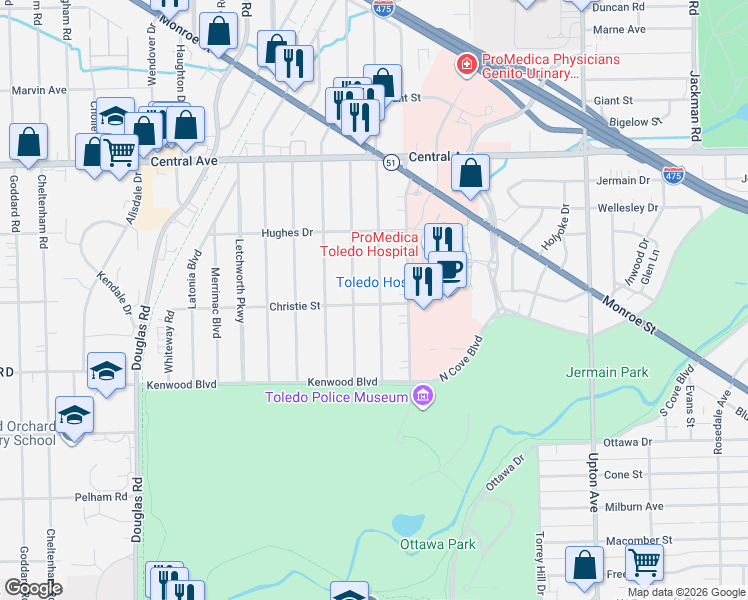map of restaurants, bars, coffee shops, grocery stores, and more near 2701 Northwood Avenue in Toledo